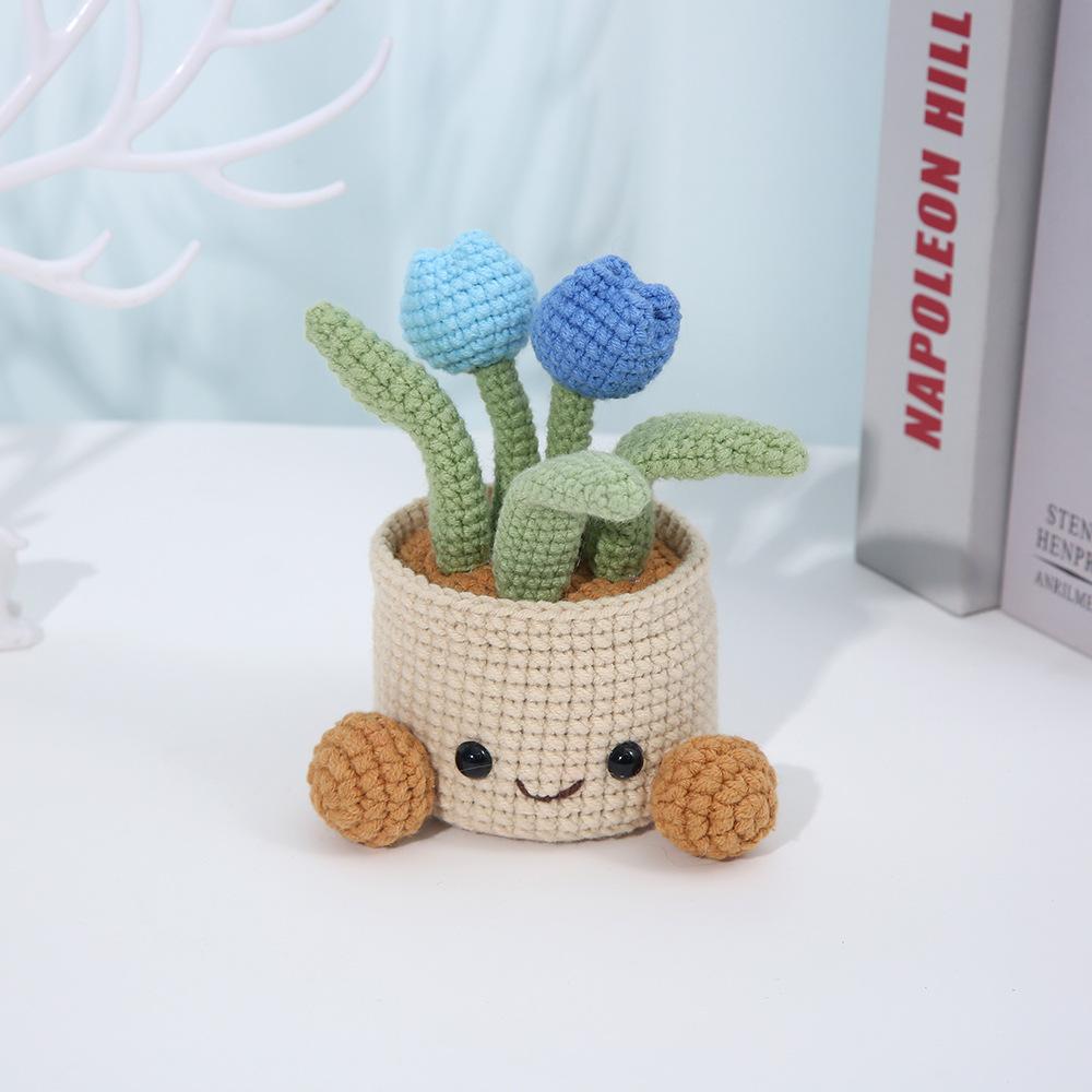 Cute Crochet Tulip Potted Artificial Plant Pot Finished Handmade Woven Tulip Bookshelf Table Room Decor