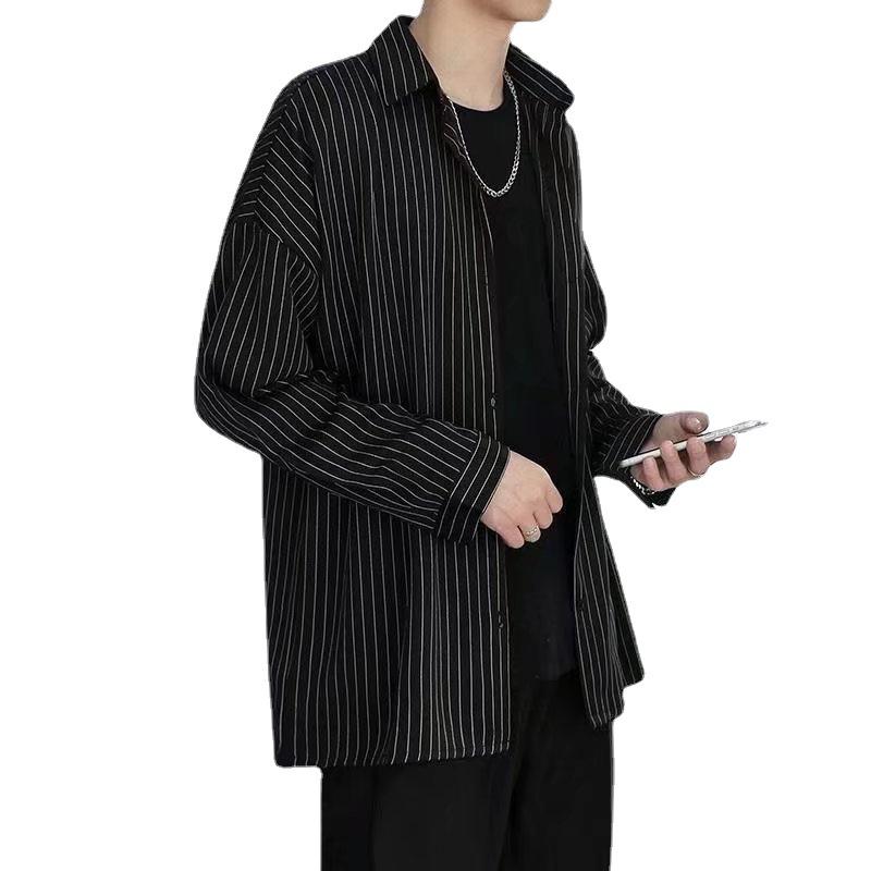 Летняя рубашка с длинным рукавом, мужская рубашка в гонконгском стиле, повседневная свободная полосатая рубашка, корейская красивая куртка для колледжа, блузка, рубашки для мужчин