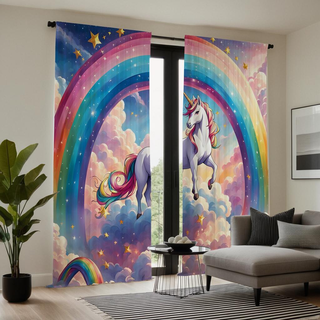 2pcs  HD Cartoon Rainbow Unicorn Decorative Curtain Color Tie Digital Printed Curtain Home Decoration Style Decoration Living