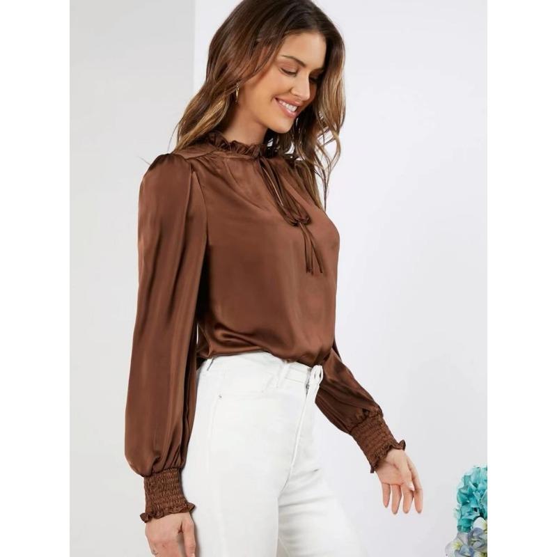 Весна Осень Элегантный Однотонный Круглый Вырез Длинный Рукав Бретель Прямой Труба Шелковый Женский Верх Блузки и Рубашки