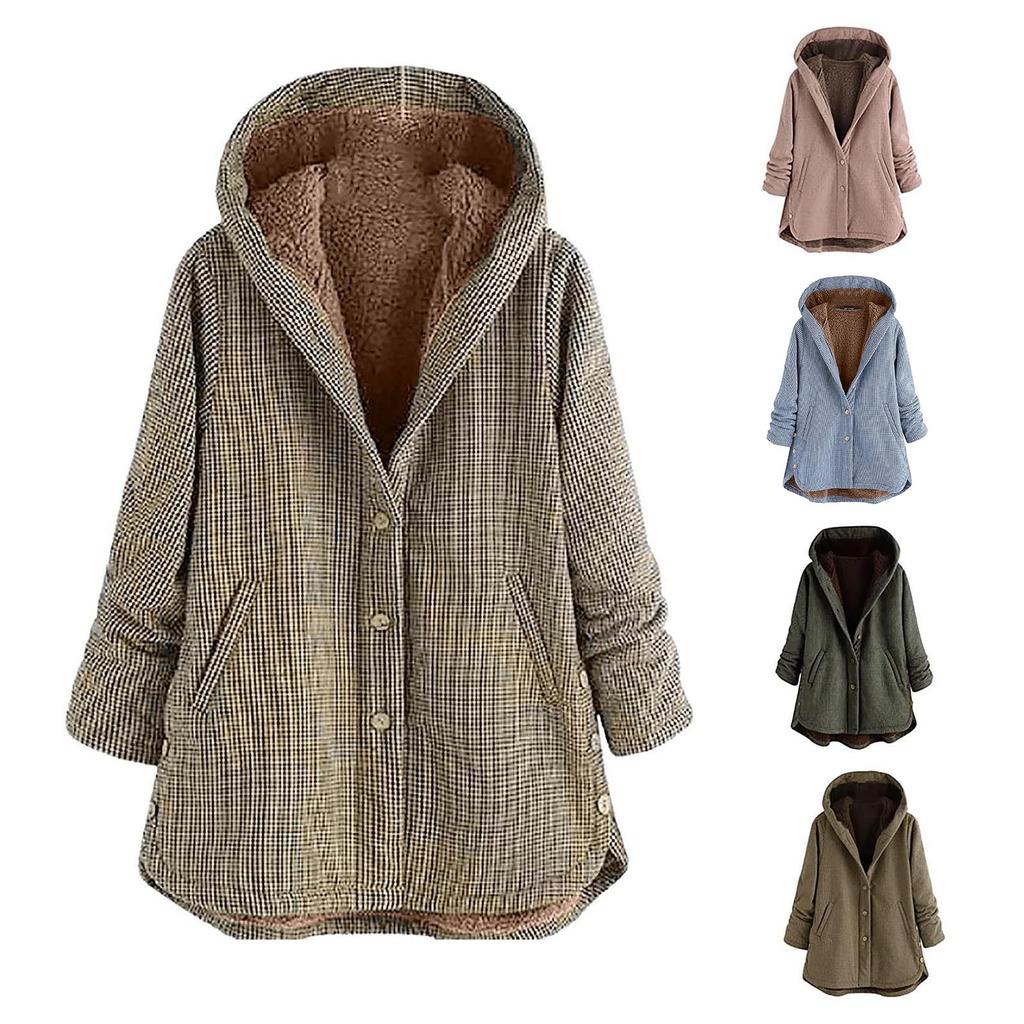 Plus Size Winter Warm Women Vintage Plaid Asymmetrical Button Hooded Outwearcoat
