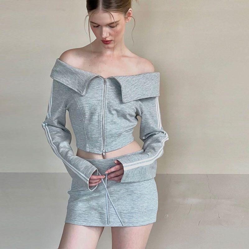 Сексуальная короткая толстовка на молнии в американском стиле ретро, ​​женская винтажная уличная одежда, модный тонкий свитшот на одно плечо, новинка осени