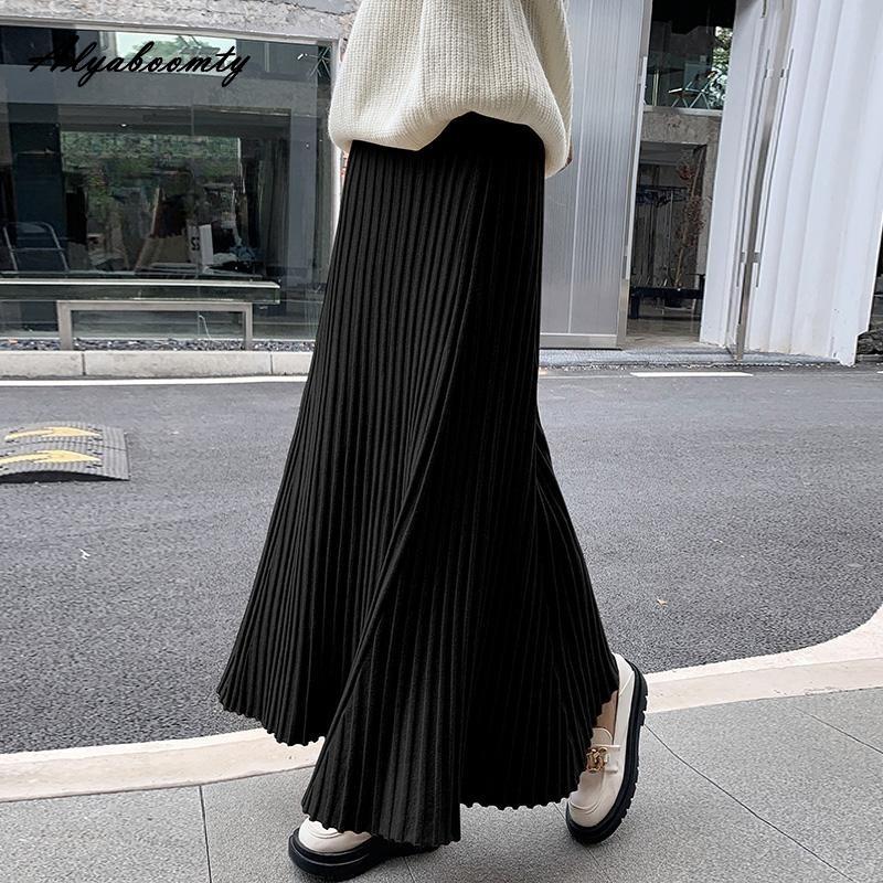 Korean Fashion Autumn Winter Women Long Skirt High Waist Black Beige Gray Brown Knitting Skirt Thick Warm Knitted All-Match Skirt