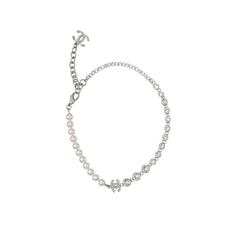 CHANEL Classic Double C Pearl and Rhinestone Necklace Women's Silver