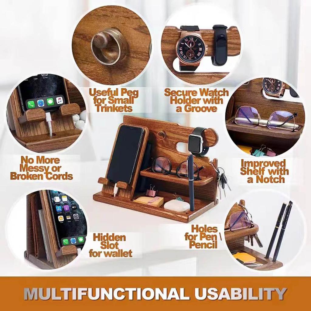 Wood Phone Docking Station Key Holder Wallet Stand Jewelry Watch Organizer Desk Accessories Men Husband Birthday Gift