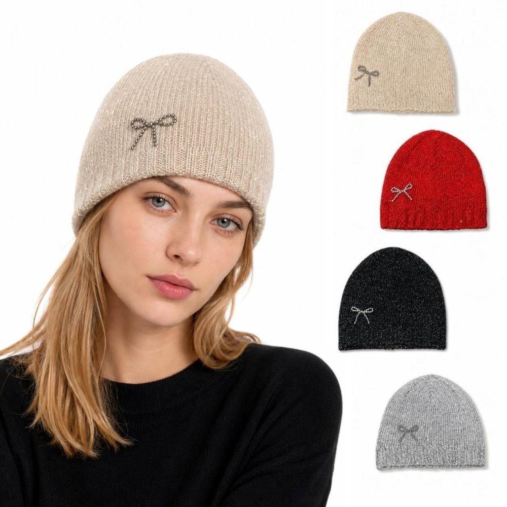 Rhinestone Bow Decor Skull Cap Hat Lightweight Warm Lining Sparkly Beanie Hat Daily Wear