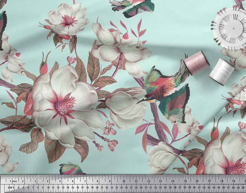 Soimoi Серая полиэфирная креповая ткань с цветочным принтом и принтом зимородка, 42 дюйма по метрам