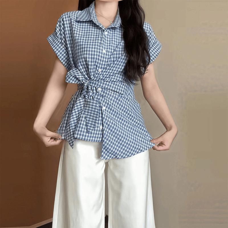 Large size design sense blue plaid shirt women's summer fat mm thin straps waist Hong Kong style top