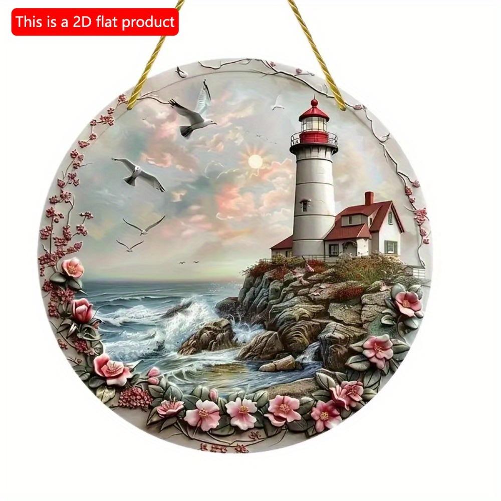 1 шт. 2d плоский круглый деревянный маяк подвесной венок знак - 20 см, морская тематика искусство подходит для настенного декора для дома, спальни, окна, комнаты, двери