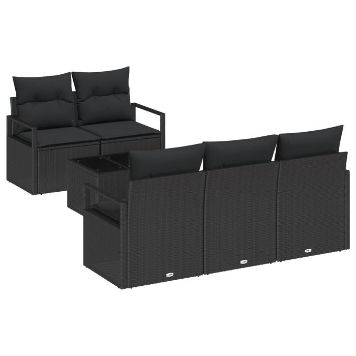 Ensemble de canapé de jardin de 6 pièces avec coussins noir poly rattan, Canapé de jardin 2 places avec coussins noir poly 3346263