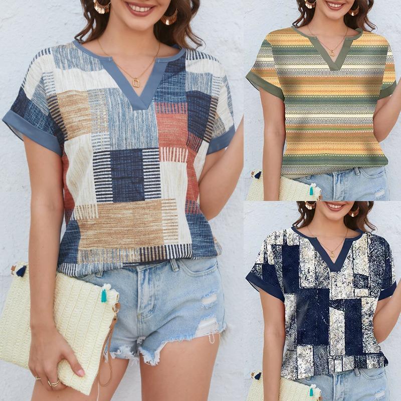 Летние женские повседневные футболки с короткими рукавами и V-образным вырезом