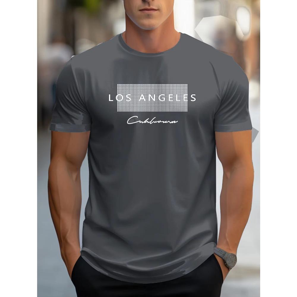 Men's Summer Loose Fit Large Los Angeles Graphic Printed Slim Fit Casual Sports Round Neck Short Sleeved T-shirt Top