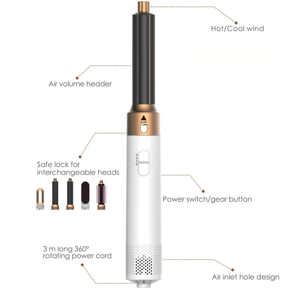 Профессиональный воздушный стайлер для волос 5 в 1 с низким уровнем шума для завивки волос, выпрямления и сушки волос, 1000 Вт, щетки для горячего воздуха