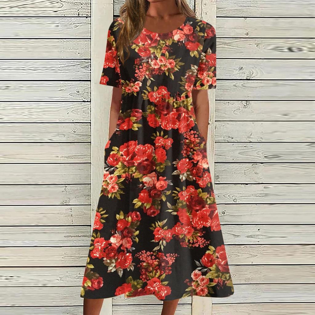 Women's Casual Dresses Printed Dresses Summer Dresses Printed Pleated Round Neck Midi Dresses Basic Classic Outdoor Daily Short Sleeve Loose Dresses