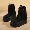 Fashion Women Tassels High Heels 8CM Thick Platform Short Boots Chunky Leather Shoes Woman Autumn Winter Platform Motorcycle Boots Botas