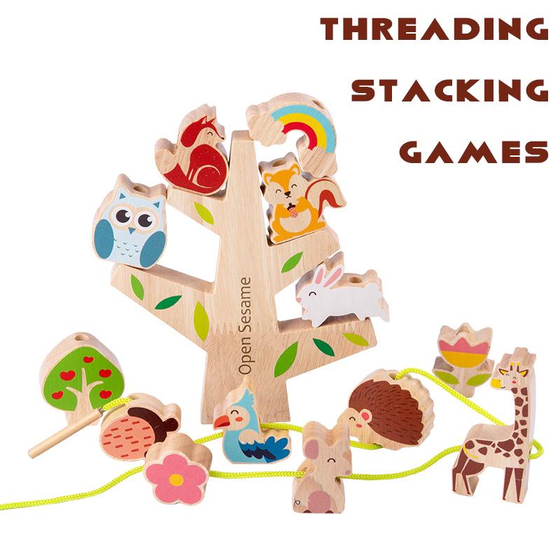 Children Animal Balance Wooden Stack Blocks Toys Montessori Stacking Threading Games Early Educational Fine Motor Training Toys