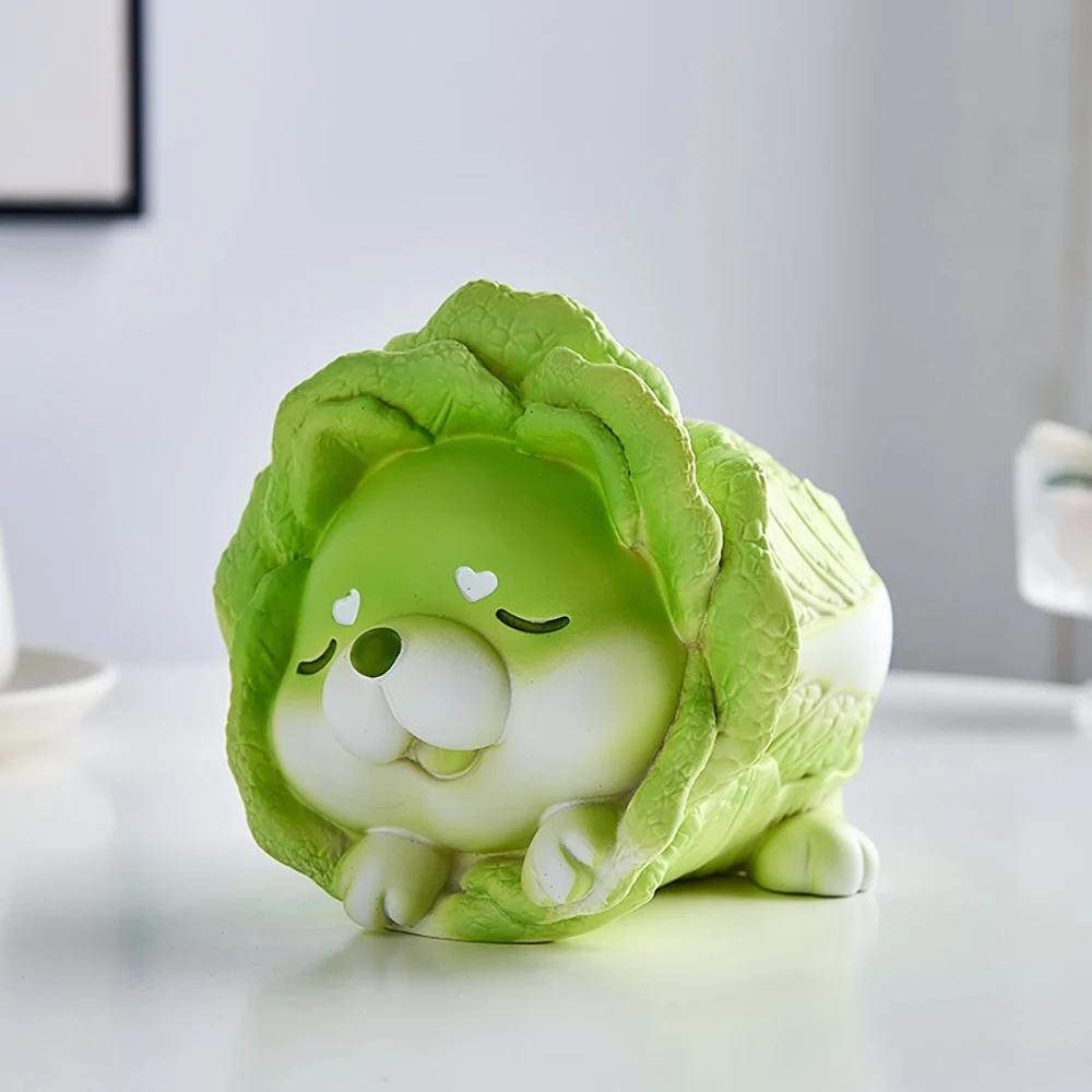 Aesthetic Miniature Cute Resin Vegetable Cabbage Dog Creative Animal Figurines Desktop Car Dashboard Home Decoration Gifts