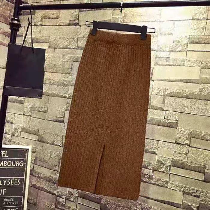 High-Waist Mercerized Cotton Knitted Skirt - Women's Autumn/Winter Slit Midi Skirt