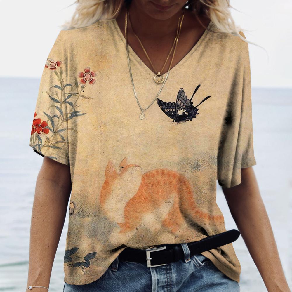 Женская футболка с 3D принтом «Манга Кот» в стиле Харадзюку, летний топ с короткими рукавами и v-образным вырезом, повседневная женская одежда, футболки большого размера