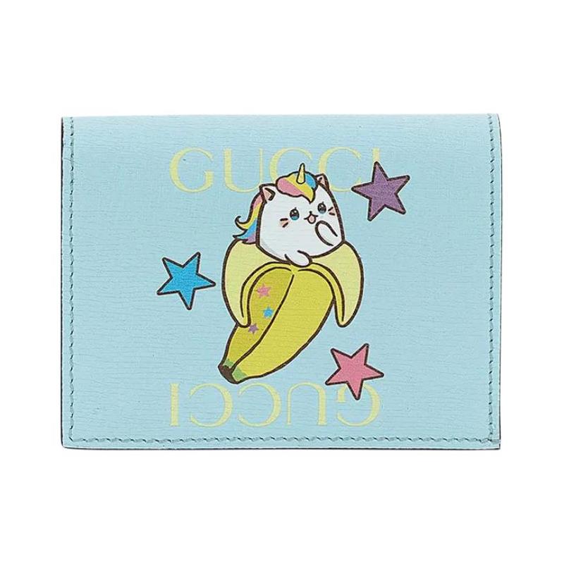 Gucci x Bananya Banana Cat Limited Edition Brand Print Snap Closure Leather Wallet Women's Light Blue