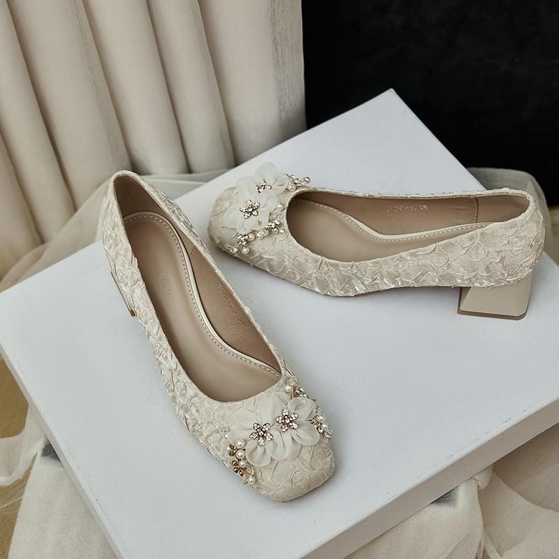 Весна и осень Новый стиль Модные удобные элегантные износостойкие и универсальные туфли-лодочки с цветочным узором и квадратным носком на толстом каблуке