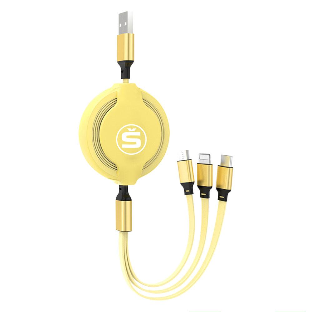 BATB7 Retractable USB Cable Phone Fast Charger 3-in-1 Multi-head Charging Cable For Skoda Rapid Scala Kodiaq Fabia Karoq Octavia 3 VII
