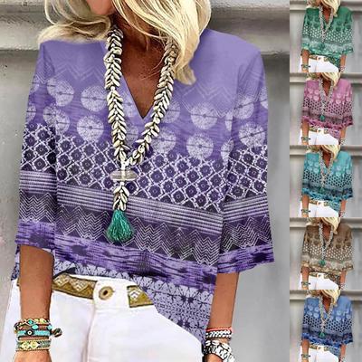 Женская рубашка, блузка, повседневные свободные рубашки, рукава 3/4, топы с v-образным вырезом и принтом, топы с принтом, футболки, футболки