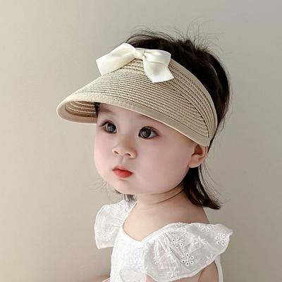Дышащие корейские детские соломенные шляпы с пустым верхом, защита от УФ, соломенная шляпа с бантом, широкополая, козырек для защиты от солнца, летняя