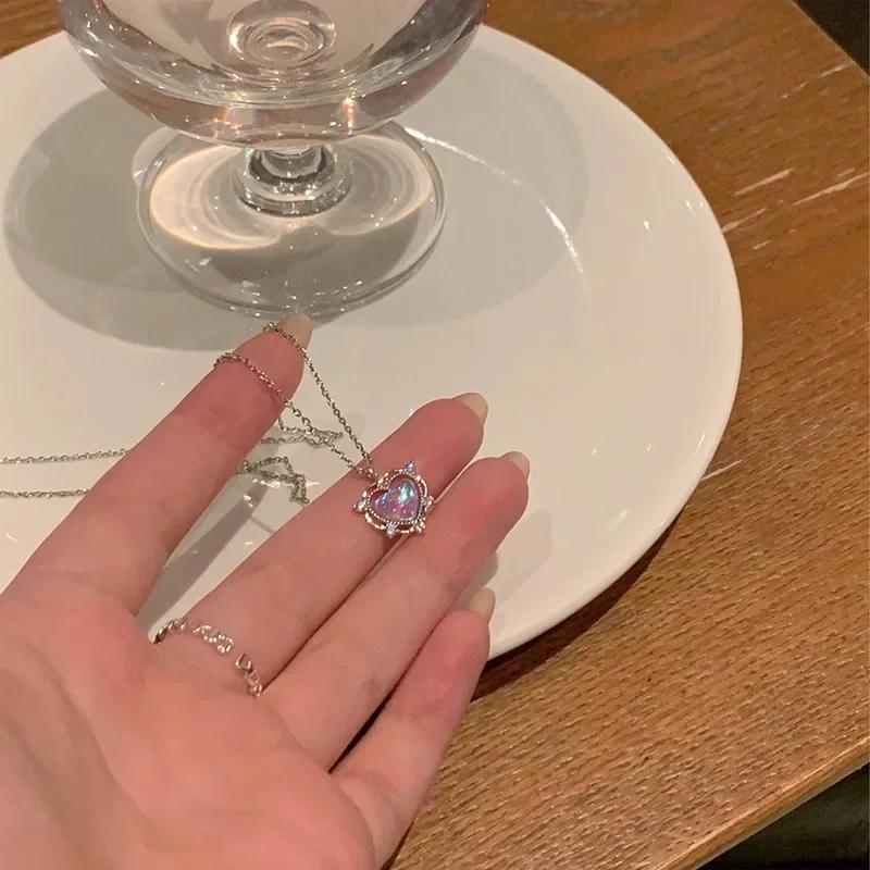 Милое Сладкое Розовое Ожерелье с Бантиком Женская Мода Сверкающий Страз Форма Сердца Подвеска Цепочка для Ключиц Нежные Свадебные Аксессуары