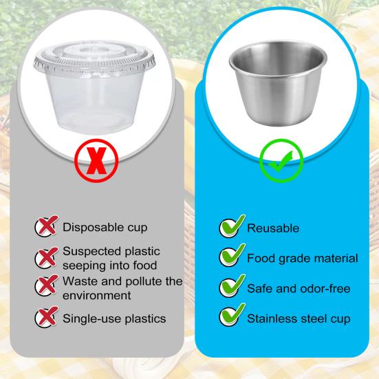 1/6Pcs Dipping Cup Stainless Steel Sauce Cup with Leakproof Lid 70ml Reusable Condiment Container