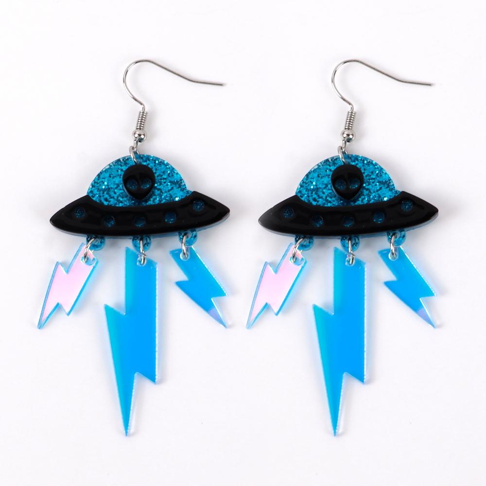 Funny Alien Lightning Tassel Acrylic Women's Earrings Cute Colorful UFO Spaceship Dangle Pendant Earring 2025 Jewelry Gifts