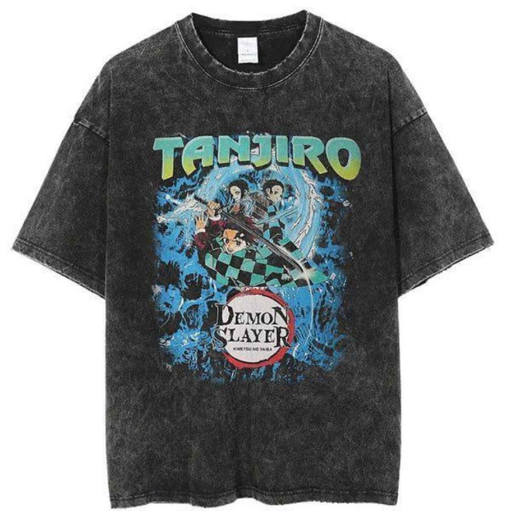 Original Ghost Slayer Retro Washed Anime Short Sleeved T-shirt with Printed Pattern for Daily Leisure Sports T-shirt