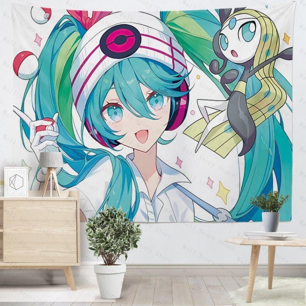 Anime Blue Hair Girl Tapestry Cute Japanese Cartoon Wall Hanging Aesthetic Room Decor for Bedroom Living Room Dorm Tapestry
