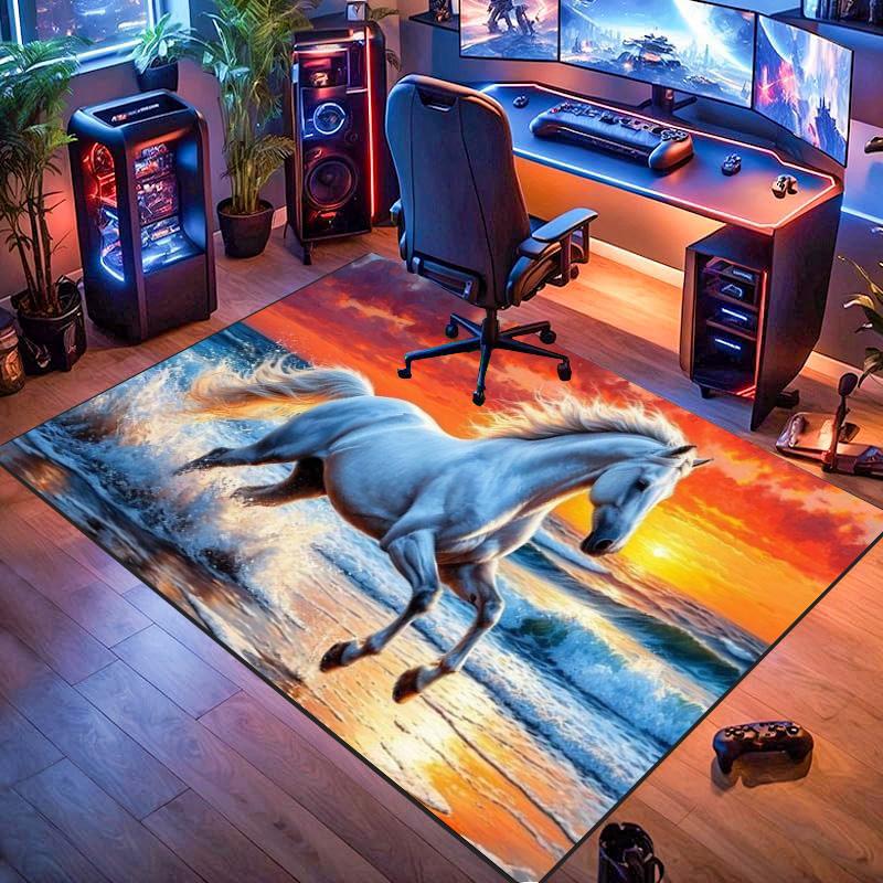 White Running Horse Beach Sunset Wave Ocean Print Area Rug Wildlife Animal Non Slip Rectangular Floor Mat Horse Lover Gaming Room Bedroom Decor Rug