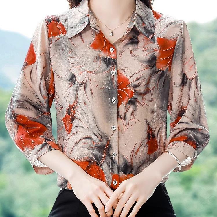 Топ с рукавами 3/4, летняя осенняя новая женская одежда, модная рубашка с отложным воротником и принтом для мам, M-5XL