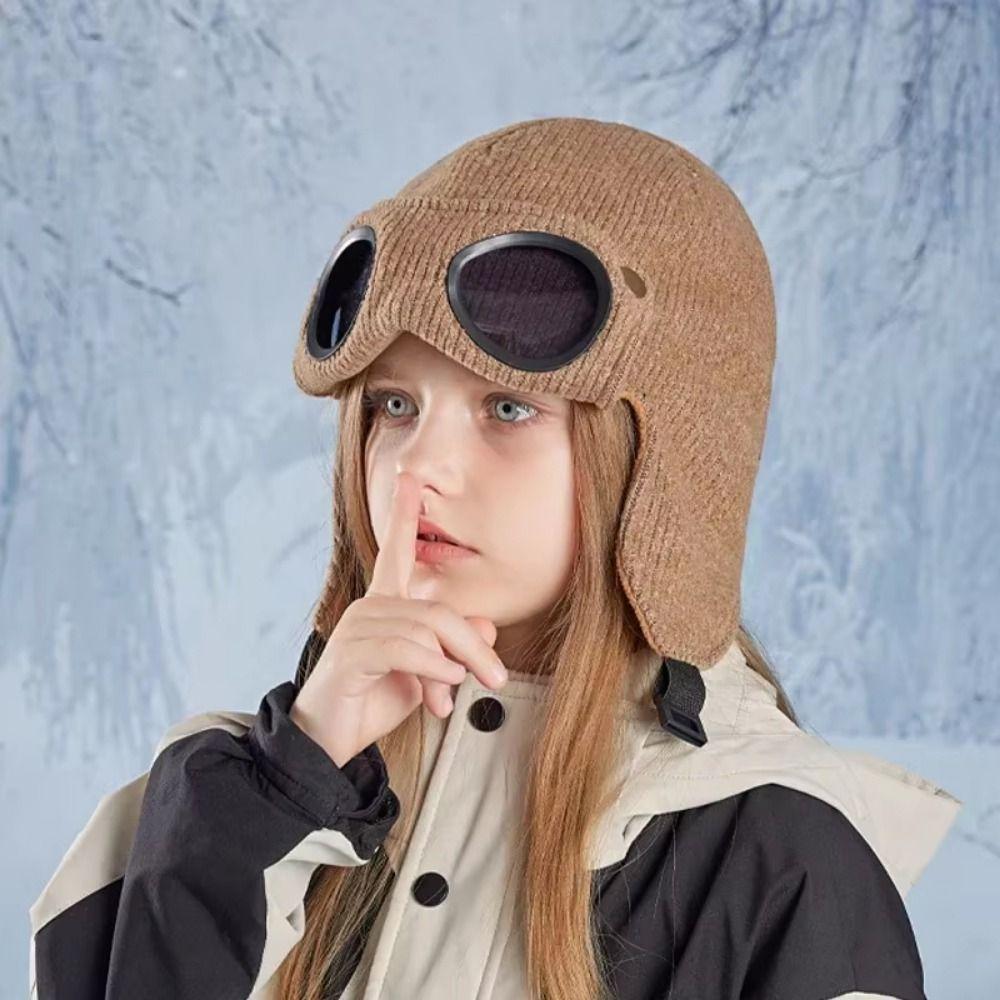 Buckle Children Glasses Hat Ear Cap Kids Knitted Beanies Casual Warm Cap With Goggles Winter