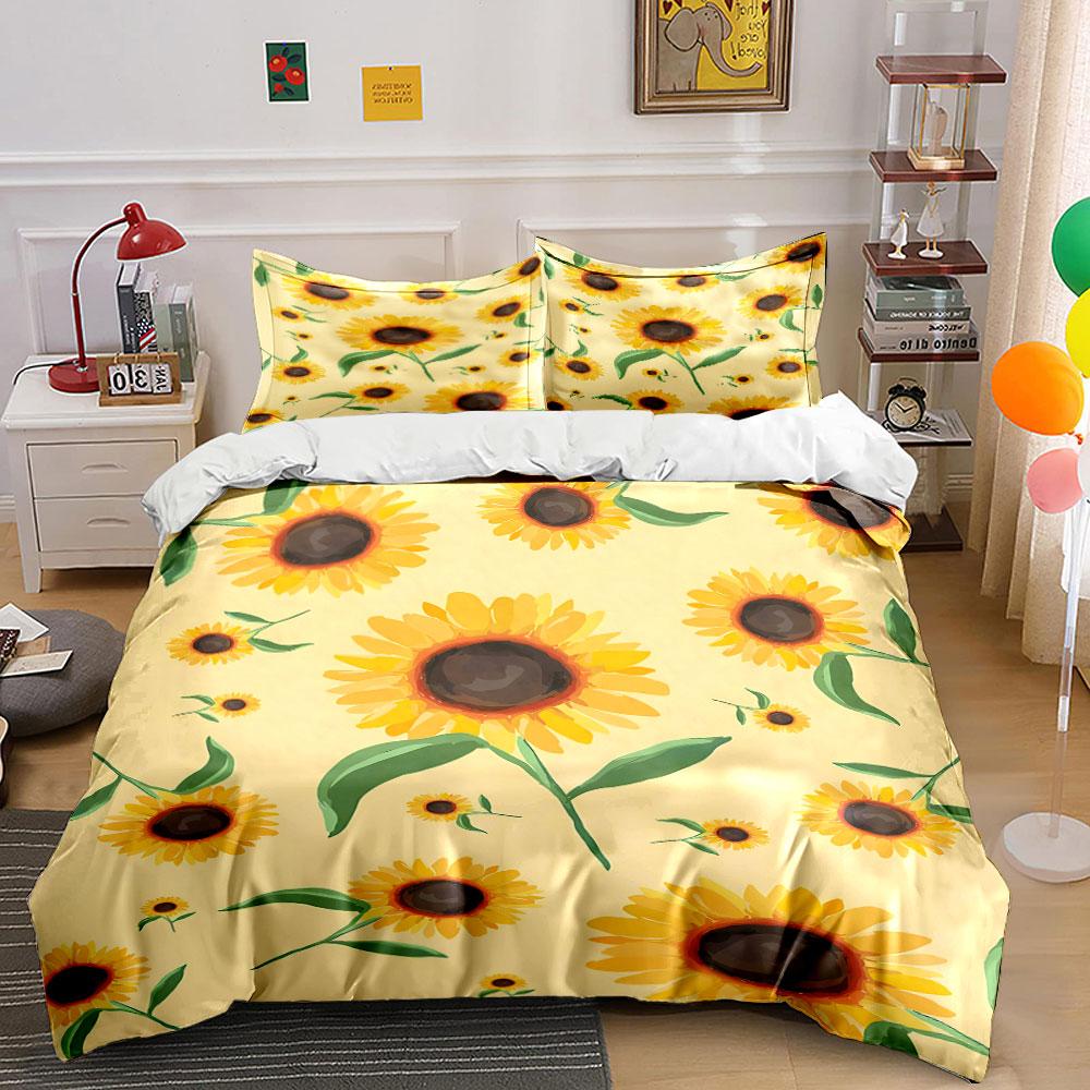 Sunflowers with green leaves. Bedding sets Duvet cover sets Duvet covers Pillowcases(1*Duvet Cover 2*Pillowcases without duvet insert)