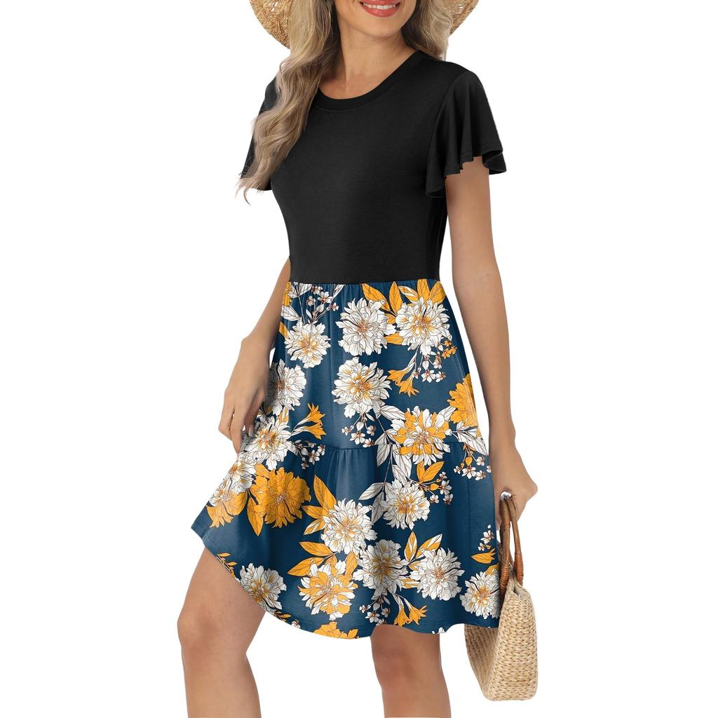 Женские летние повседневные платья с оборками на рукавах, круглым вырезом и карманом в винтажном стиле с цветочным принтом