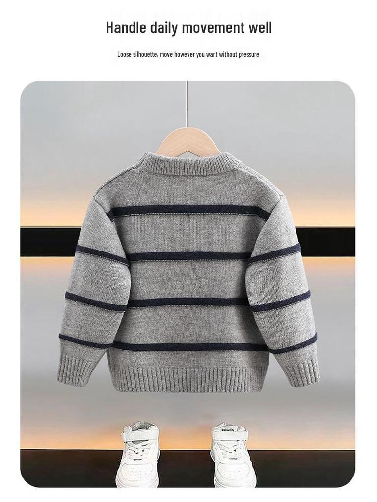 Boys' Striped Wool Crew Neck Sweater - Thick, Warm & Stylish for Autumn/Winter