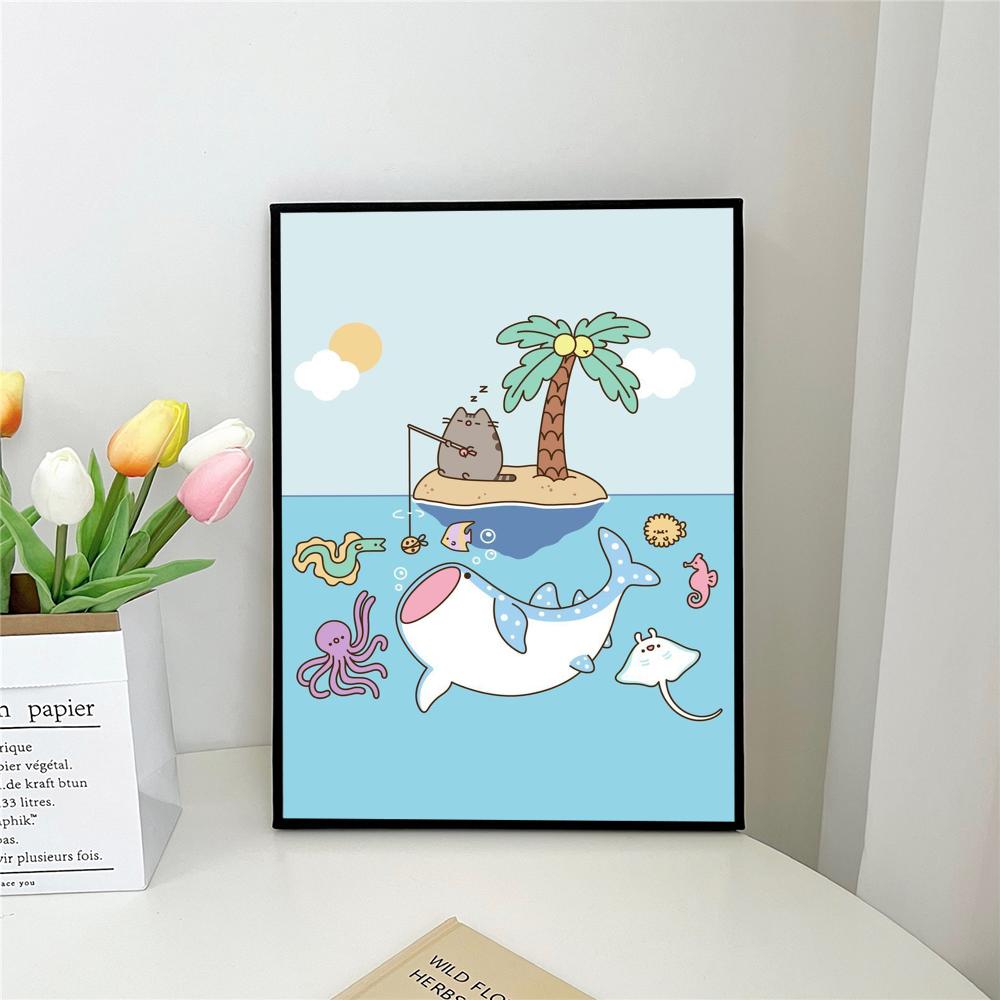 1 шт. мультяшный постер с изображением кота P-Pusheen K-Kawai, самоклеящийся художественный постер, водонепроницаемая бумажная наклейка для декора стен кофейни, бара