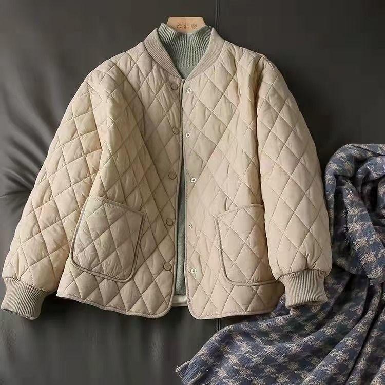 High-End Short Loose Long Sleeve Light Quilted Cotton Jacket Winter Solid Color Cotton-Padded Jacket Casual Plus Size Home Cotton Coat