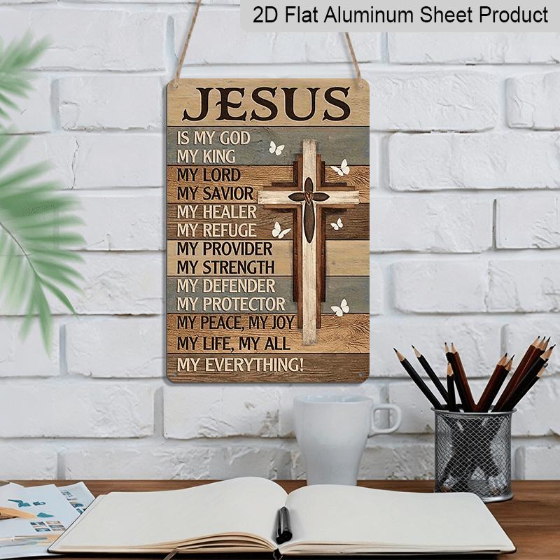 2D Flat, 12x8 Inch Metal Wall Art Plaque - Jesus Christ Attributes Religious Decor with Cross & Butterflies, Rustic Wood Texture Spiritual Home Decor