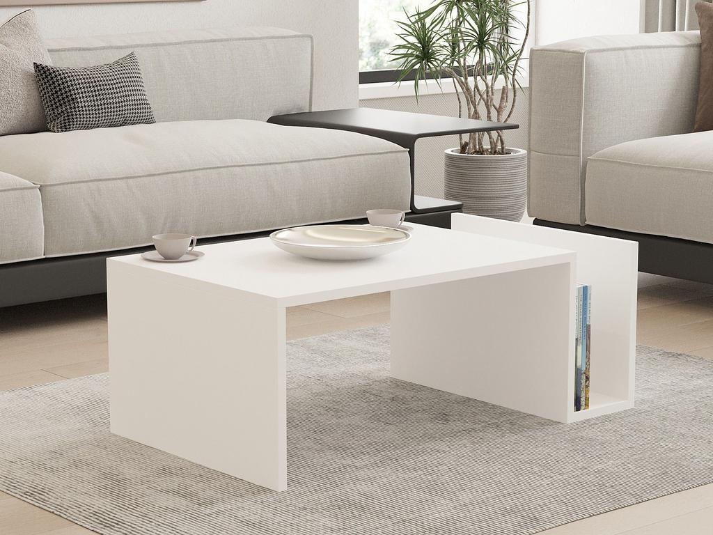 Table basse MEMO - Couleur Blanche - Plateau Relevable & Rangement Intégré - L 86,8 cm x P 32,4 x H 50 cm