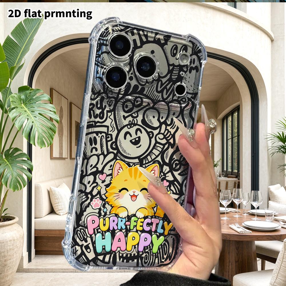 Phone Case: 2D flat suitable for iPhone 18 17 16 15 14 13 Pro, transparent four corner protective case, orange cat, Christmas and Halloween gifts