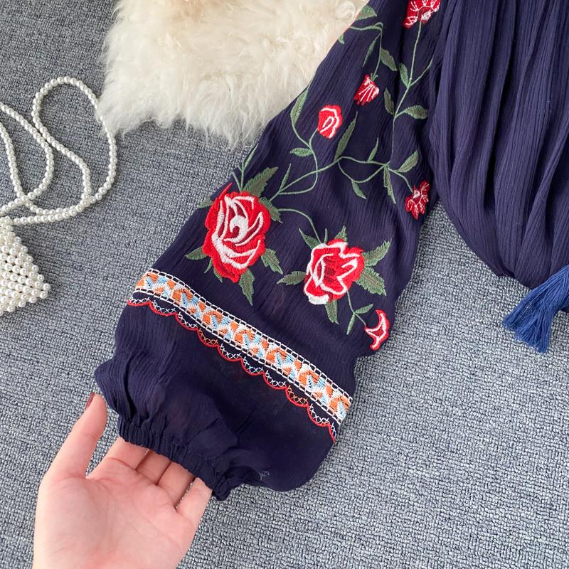 RUGOD Весенне-осенний праздник, этнический стиль, ретро, ​​тяжелая промышленность, вышивка, цветы, зарубежный стиль, рукава-фонарики, свободный универсальный топ