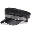 Hot-fix Rhinestone Ribbon PU Leather Navy Cap Fashionable Outdoor Casual Women's Hat Personalized Painter's Hats Classics Caps