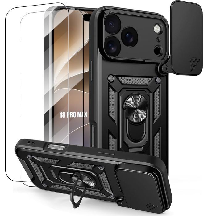 Coque pour iPhone 18 Pro Max, Protection Renforcée avec Cache Caméra - Noir - 2 Verres Trempés