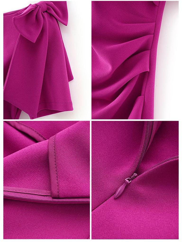 Элегантное платье с круглым вырезом, бантом и плиссировкой