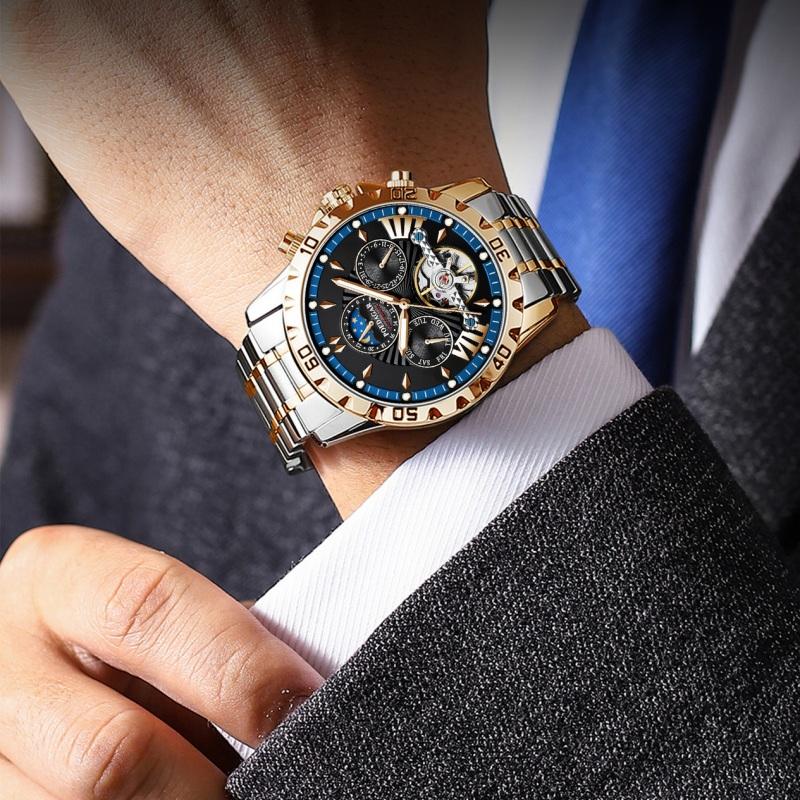 Новый стиль дизайна, импортные механические часы с автоматическим механизмом, мужские часы с шармом и доминированием с фазой солнца и луны, скелетонизированный маховик, мужские часы