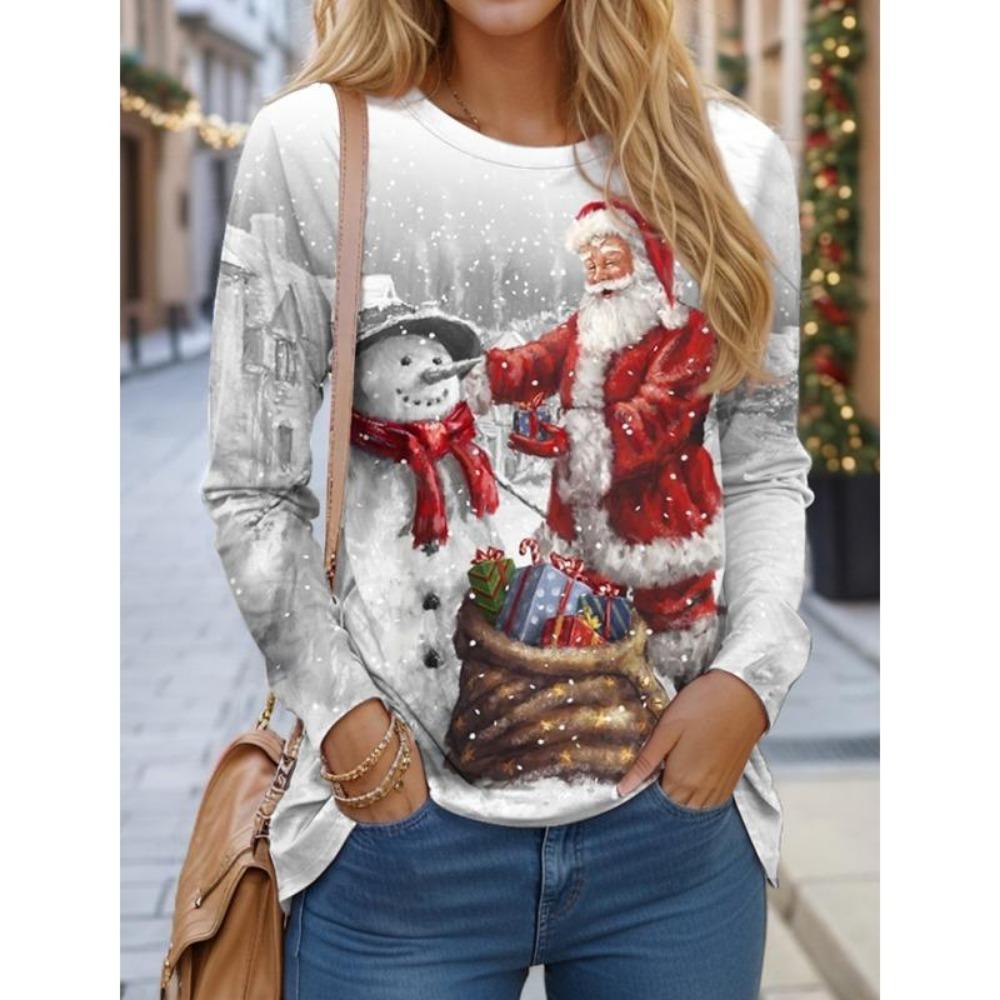 Christmas Women Sweatshirt Designer Round Neck Long Sleeve Loose Casual Christmas Snowman Fun Pattern Print Top